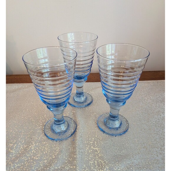 VTG Sirrus Blue Libbey Celestial Beehive Ribbed 12 oz Wine Glass Goblets Setof 3 - Picture 1 of 8